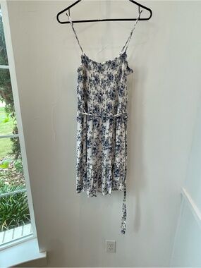 Row.A Blue White Floral Smocked Spaghetti Strap Tiered Mini Dress Size S